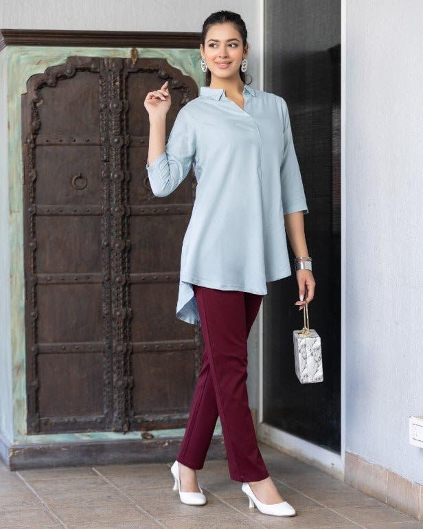 Image of Mlada Rayon Flare Top for Women | 3 /4th Sleeve Regular Fit and Flare Top | Women Office Tops Tunic | Western Long Shirt Top for Women | Shirt Collar Top for Women | Rayon Tunic Tops for Women Western