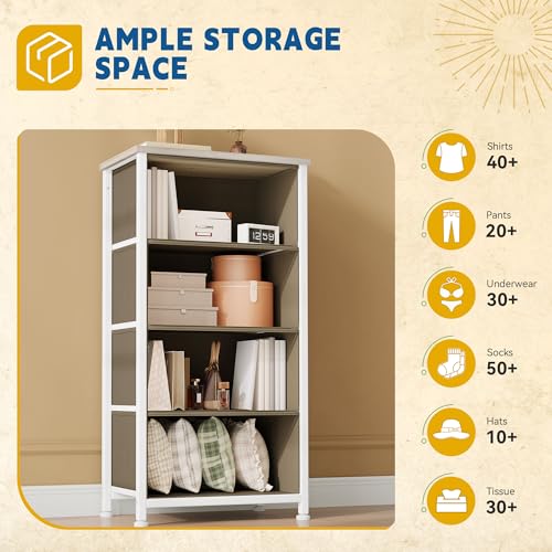 DWVO Dresser with 4 Drawers - Fabric Storage Tower, Organizer Unit for Bedroom, Hallway, Hallway, Closets - Sturdy Steel Frame, Wooden Top & Easy Pull Fabric Bins
