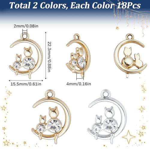 SUNNYCLUE 1 Box 36Pcs Cat on Moon Charm Silver Crescent Moon Charms Bulk Cute Kitty with Rhinestone Alloy Gold Half Moon Cat Charms for Jewelry Making Charms Necklace Bracelet Earrings Crafts Women - Image 2