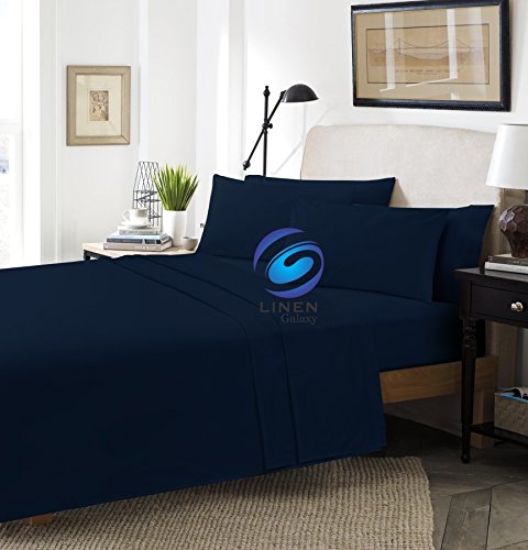 Linen Galaxy Flat Sheets Polycotton Non Iron Easy Care Pillow Cases Sold Separately (Double, Navy Blue)