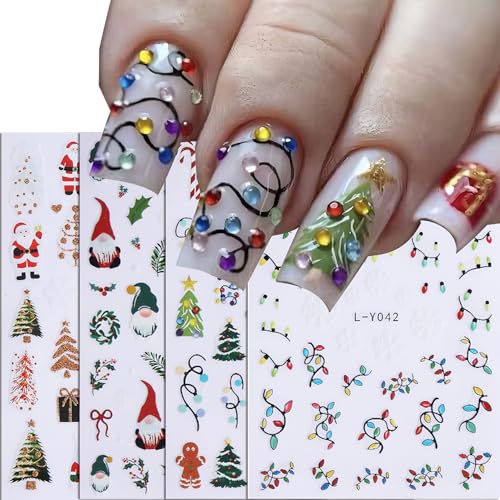 4 Sheets Christmas Nail Art Stickers Decals Christmas Tree Lights