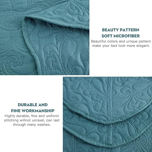 Image of Oversized King Bedspread, Embossed Paisley Quilt Set King /Cal King, Lightweight Reversible Coverlet, Scalloped Edge - Fresh Classic Look, 5 Piece, Lagoon