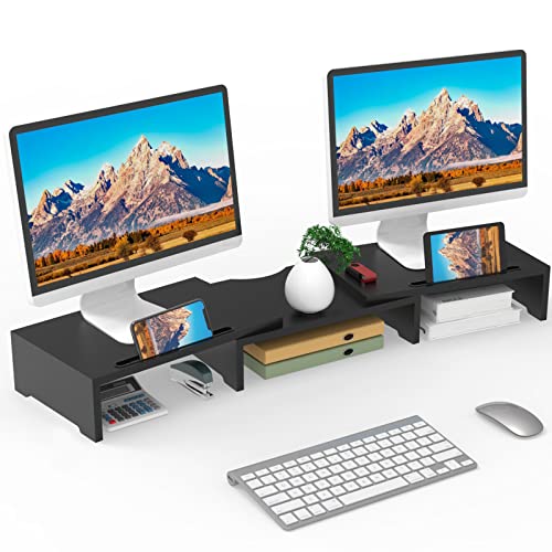 Image of WALI Dual Monitor Stand Riser, 3 Shelf Laptop and Computer Monitor Stand with Phone Holder, Length and Angle Adjustable Desk Organizer (PTT007T-B), Black | 3 Shelf Laptop and Computer Monitor Stand, Length and Angle Adjustable Desk Organizer (PTT007T-B), Black