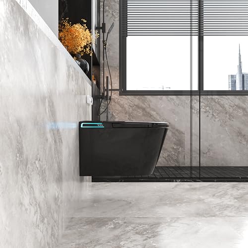 Image of Black Smart Wall Hung Toilet Combo,Auto Flush, Auto Open /Close LId,Heated Seat,Warm Water /Dryer, Modern Elongated Bidet Toilet with In wall Carrier (No need to buy an additional Water Tank)