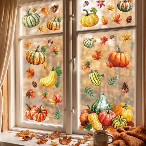 Image of Fall Window Clings Decor Pumpkin & Leaf Autumn Thanksgiving Decorations | 8 Sheets Holiday Stickers for Glass Windows, Autumn Harvest Decals for Home Office School Classroom Farm, Glass Doors Decor
