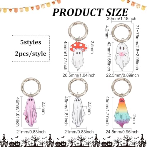 FINGERINSPIRE 10 Pcs Halloween Charms Pendants 5 Styles Ghost Shape Acrylic Shoe Charms with Alloy Spring Rings Halloween Key Chains Ghost Key Rings Halloween Theme Charm for Boots Shoes Bags Decor - Image 2