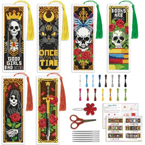 Image of ACRNIGHEET 6PCS Cross Stitch Bookmark Kit for Beginner Gothic Stamped Cross Stitch Kits Needlepoint Kit for Adults DIY Tassel Embroidery Bookmark Kits with Instructions Craft Gift 8.5 inchx3 inch 11CT