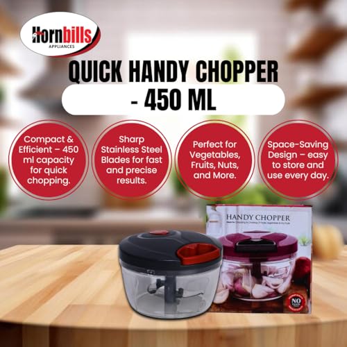 Image of Hornbills Vegetable Manual Chopper with 3 Blades 500ml Kitchen Multi Blade Food Chopper for Vegetables Onion Garlic Hand Chopper Stainless Steel Blade Compact Vegetable Portable Mini Chopper | Red