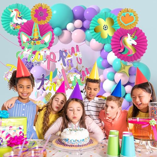 Image of Rozi Decoration Unicorn Theme Birthday Kit | 65-Piece Set with Hanging Paper Fans, Balloon Arch & Unicorn Decor | Happy Birthday Decorations for Girls (Multicolor)