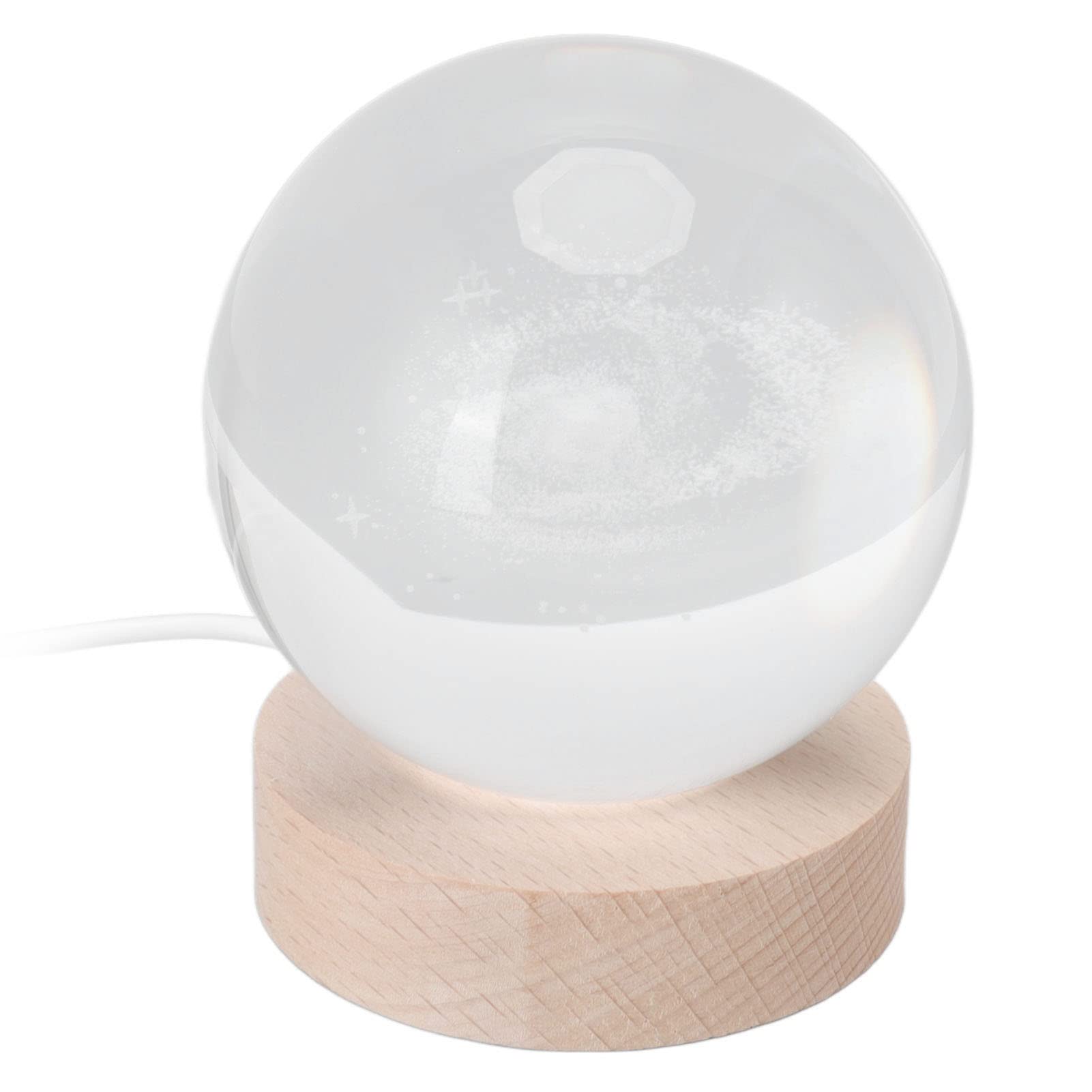 Ejoyous Lampka Nocna z Kryształowej Kuli Światło LED Kryształowa Kula z Grawerowaniem Laserowym 3D Przycisk USB Podstawa z Drewna Bukowego Miękki Blask Dekoracja na Biurko Sypialnia Salon Strona