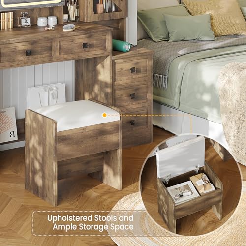 Image of AOGLLATI Farmhouse Vanity Desk with Mirror and Lights, Makeup Vanity Set with Lights & Jewelry Cabinet & 5 Drawers, Vanity Table with Charging Station, Hidden Storage Space for Bedroom, Brown