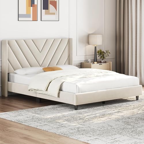 Yaheetech Full Bed Frame Upholstered Platform Bed with Wing Side Tufted Headboard/Sturdy Wooden Slat Support/No Box Spring Needed/Mattress Foundation,Beige Full Bed