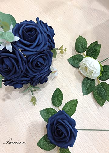 Lmeison Artificial Flowers Navy Blue Roses, 50Pcs Real Looking Foam Fake Roses With Stems For Diy Wedding Bouquets Centerpieces Valentine's Day Bridal Shower Party Tables Home Decorations #TOP2