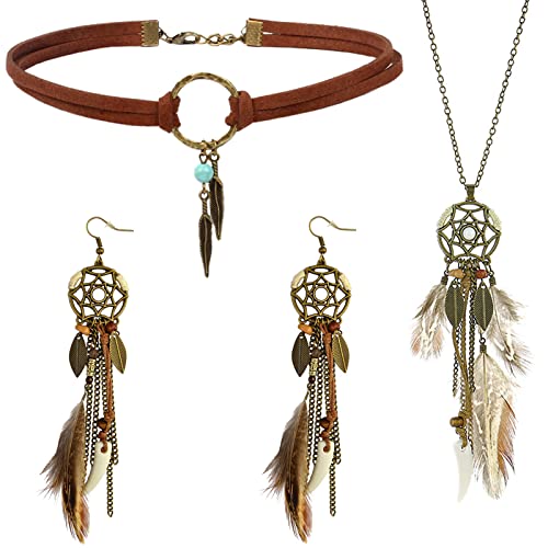VELESAY Boho Bijoux Ensemble pour Femmes Vintage Boheme Plume Pendentif Boucles d'oreilles...