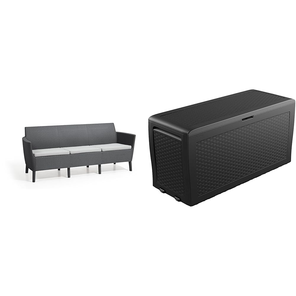 Keter Salemo Divano da Esterno 3 Posti, Cuscini Inclusi, 76 x 66.5 x 187cm, Nero (Grafite) & Baule Samoa 270L, Finitura Effetto Legno, Grafite, 116,7 x 44,7 x 57 H Cm