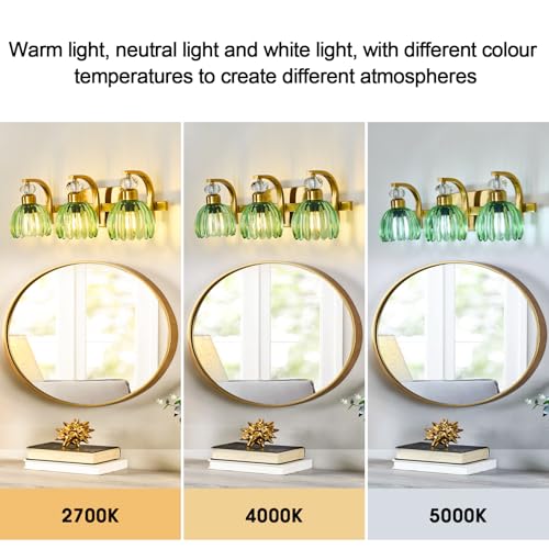 Image of Vintage Bathroom Vanity Light Fixture 3 Lights Gold Bathroom Lighting with Green Glass Shade Mid Century Vanity Light Over Mirror for Kitchen Bedroom Living Room Farmhouse