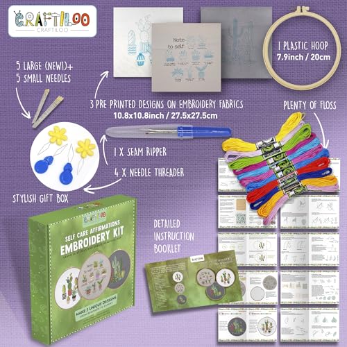 Image of CRAFTILOO Embroidery Kits for Adults Hand Embroidery kit for Beginners with Stamped Embroidery Patterns Starter Embroidery Kit. Needlepoint kit Cross Stitch kit for Teens& Adults Cactus