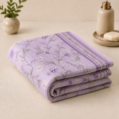 Image of Pure Cotton Printed Waffle Towel | Lightweight | Antimicrobial and Water Absorbent | Soft Touch Quick-Drying Bath Towel (Lilac Bloom, Pack of 1)