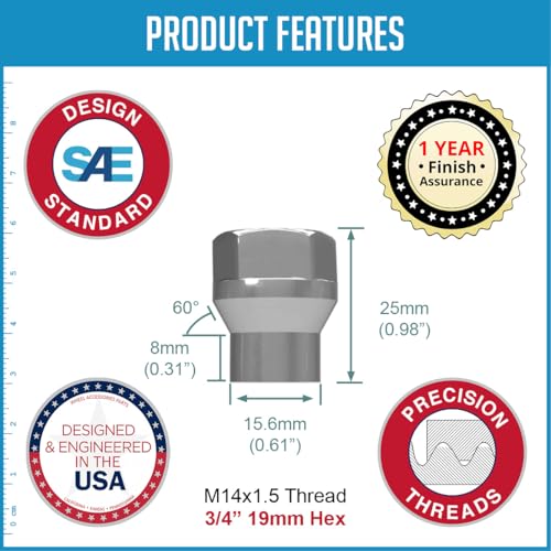 Image of Wheel Accessories Parts 24 Pcs M14x1.50 Thread OE ET Bulge Acorn (Extra Thread) 1.00 inch Long Lug Nuts Bright Zinc 3 /4 inch 19mm Hex Fits Silverado 1500 | Ford F-150 |Toyota Tacoma Tundra