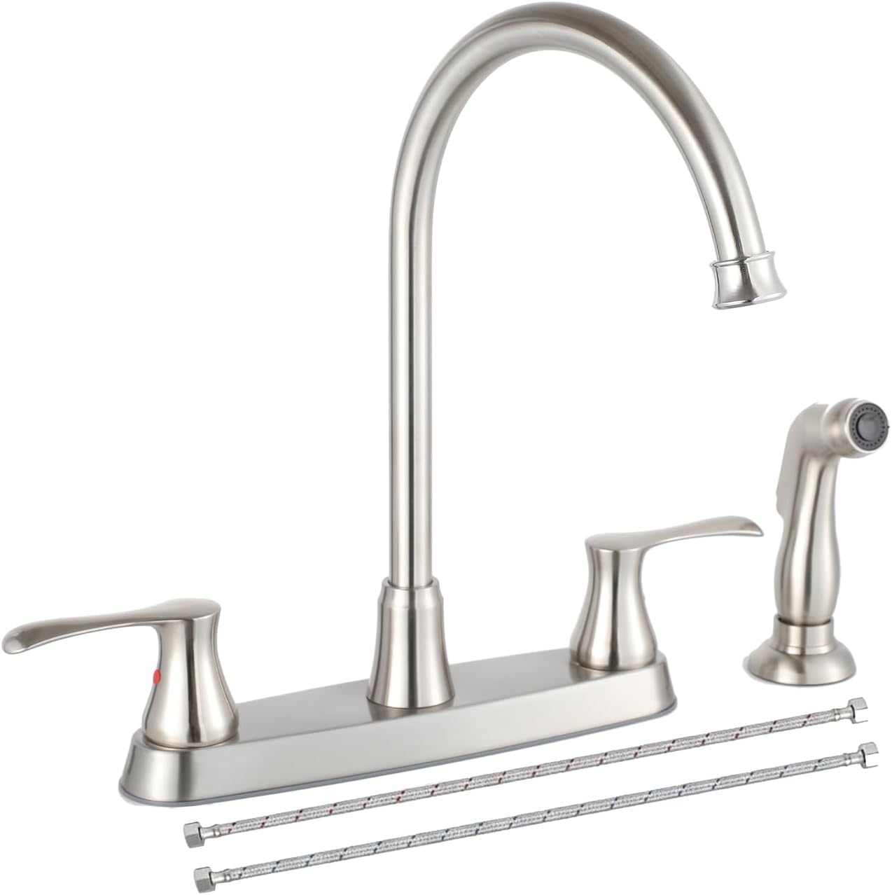COMLLEN Kitchen Faucet with Side Sprayer, Double Handle Kitchen Faucets with Supply Line,2 Handle 360 Swivel Brushed Nickel Kitchen Faucet 3 Hole or 4 Hole for Sink