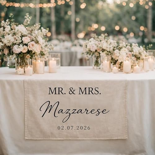 Personalized Mr and Mrs Wedding Table Runner, Custom Last Name and Date Banner, Sweetheart Table Decor, Elegant Wedding Reception Sign, Custom Linen Table Runner Decor