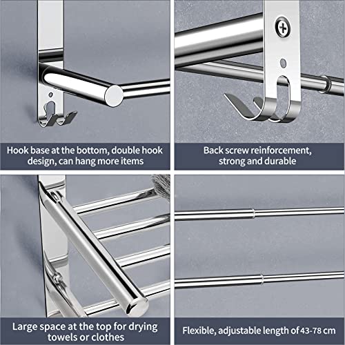 Stretchable 17-31 Inches 3-Tier Bath Towel Bar With Shelf Towel Rack Bathroom With Hooks Kitchen Hand Towel Holder Dish Cloths Hanger Sus304 Stainless Steel Wall Mounted No Drill Space Saving Silver #TOP4