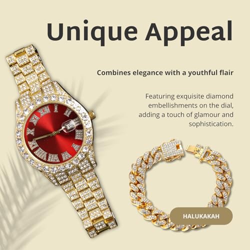 Image of Halukakah Diamonds Gold Watch Iced Out for Boy Teens Kids - 18K Real Gold /Platinum Plated,42mm Blue /Green /Red Dial,Japanese Quartz - 8 inch Length - Optional with Cuban Link Chain,with Watch Adjuster Tool