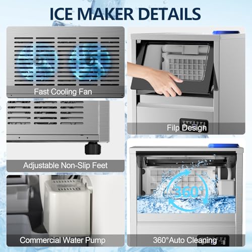 Image of Commercial Ice Maker Machine 150LBS /24H,45Lbs Storage,2 Water Inlet Modes | 50Pcs Clear Ice Cubes in 8-15Mins, Stainless Steel, Freestanding For Home,Bar,Office,Shop, Supports 3 /5-Gallon Bottle