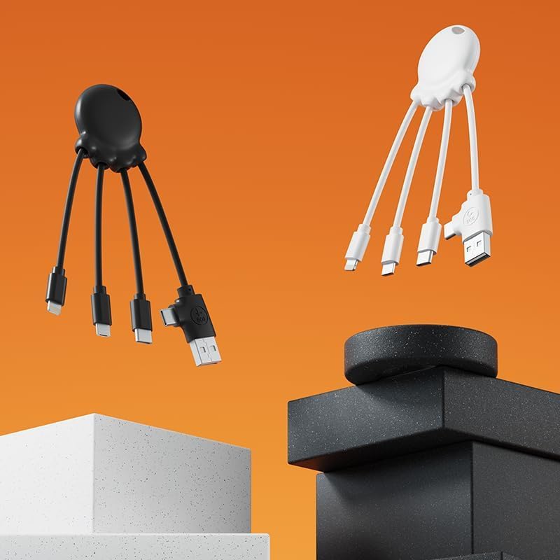 Xoopar Multi USB 4 in 1 Octopus Cable - Universal Charger in Recycled Plastic from the Oceans - USB, USB-C, Lightning, Micro USB Plugs - Compatible with All Smartphones - Octopus OBP White image 5