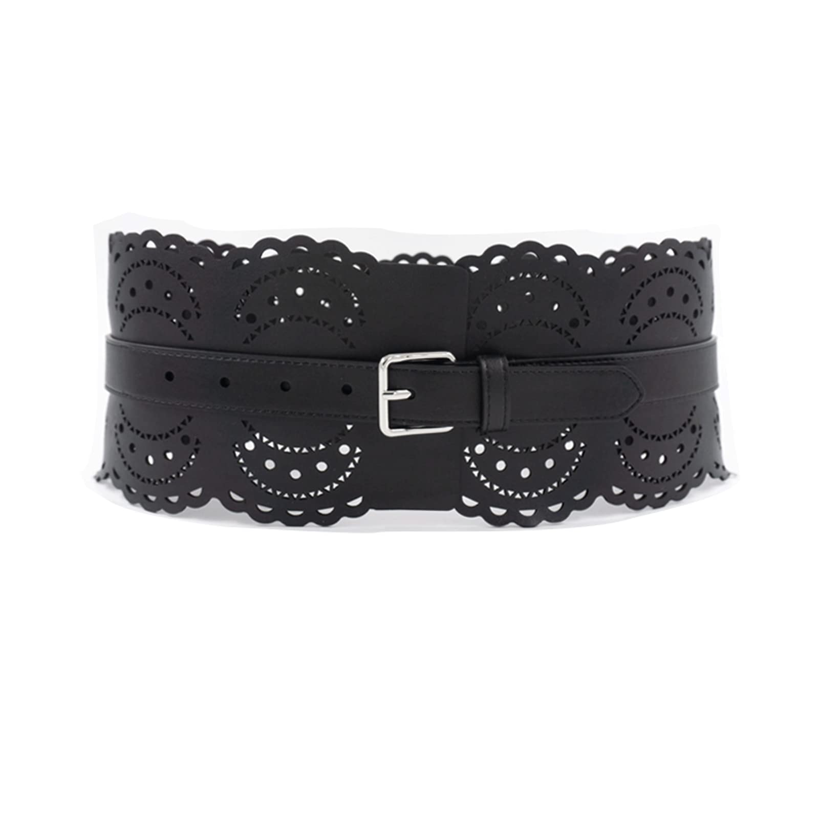 DOUKI Cinturón Ahuecado Tallado Cintura Sello Plata Pin Hebilla Decoraciones Cintura Cintura ancha Cinturón Cinturón de cuero Ajustar la proporción del cuerpo para pantalones