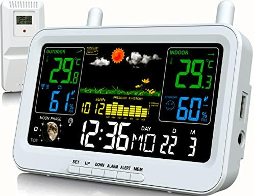 Weather Station Wireless Indoor Outdoor Thermometer,Wireless Weather Stations,Color Display Digital Temperature Humidity Monitor,Weather Forecast Station with Atomic Clock and Adjustable Backlight