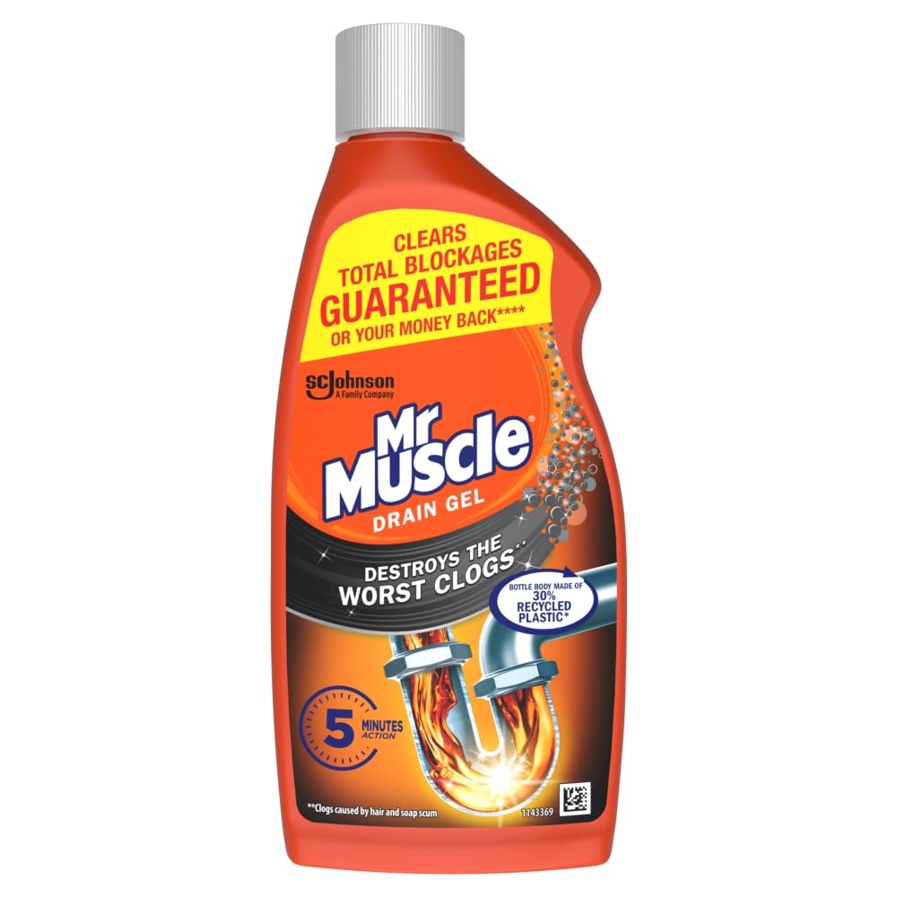 Mr Muscle Drain Unblocker Liquid (500ml), Sink & Drain Cleaner, Strong & Fast Acting Heavy Duty Drain Gel, Dissolves Clogs, Works 3x Better Than Bleach, Safe for All Pipes