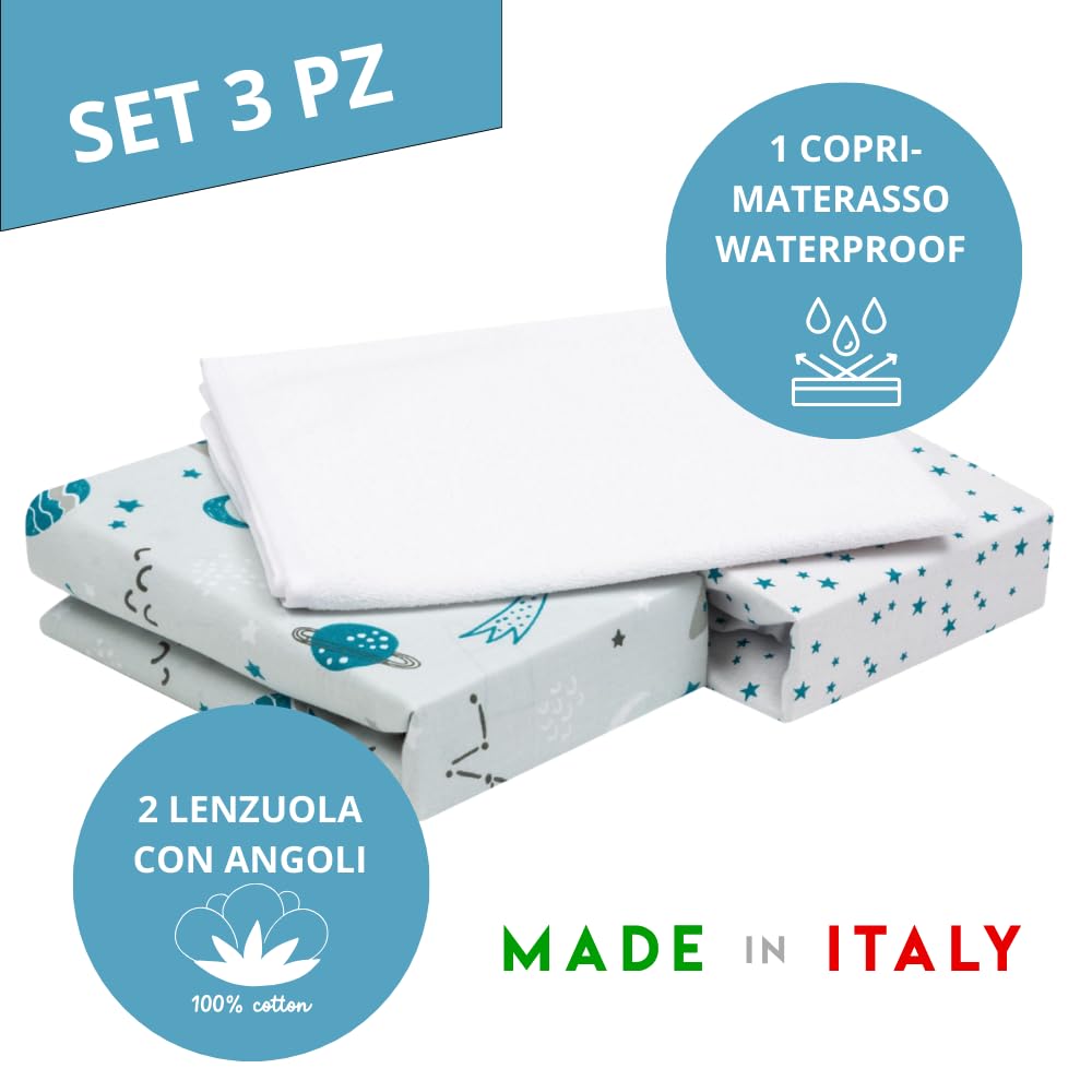 FlyIdeas Set 2 Lenzuola Lettino Neonato 60x120 + 1 Coprimaterasso Culla Impermeabile – 100% Cotone – Lenzuola con Angoli per Lettino con Sbarre, Materasso 60x120 e Lettino da Campeggio