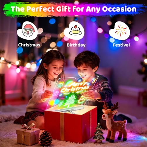 Image of Geokay 16 inch Rechargeable LED Drawing Board, 9-Color Light Modes with Timer & Built-in Stand, Neon Glow Up Dry Erase Doodle Note Pad, Sketching Gift Toy for Kids /Girls /Teens, 6 Markers & Tracing Book