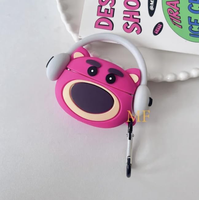 Image of Jivitam Earphone Case Cover Compatible for Realme Buds T300, Soft Silicone Skin Case Cover Shock-Absorbing Protective Case with Keychain (Front LED Visible) (Red Bear With Grey Band)