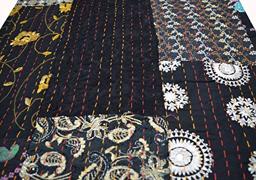 YUVANCRAFTS Indian HandmadePatchwork Kantha Quilt Pure Cotton Traditional Print Kantha Quilt Queen Blanket Bedspreads Throw
