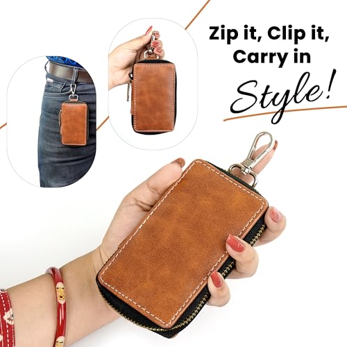Image of Storite PU Leather Large Key Case Pouch Wallet Keychain Key Holder with 6 Hooks Zipper Closure