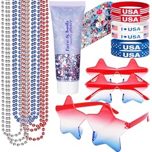 Go Ho 4th of July Outfits for Women,Red White and Blue Face Body Glitter Gel,9 PC Necklaces,3 Pairs Star Sunglasses and 6 PC Rubber Bracelets Wristbands Set for USA Patriotic Outfits Makeup