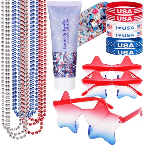 Go Ho 4th of July Outfits and Accessories for Women Kids Red White and Blue Body Glitter Gel 9 PC Necklaces 3 Pairs Star Sunglasses and 6 PC Rubber Bracelets Wristbands Set for USA Patriotic Makeup