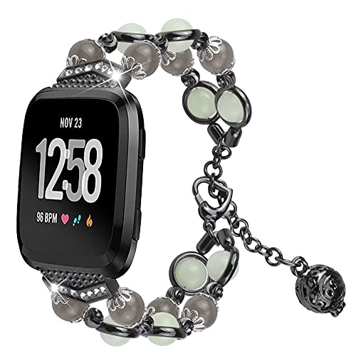 TryBest Strap for Versa 3,Women Girl Fashion Wristband Replacement Strap Adjustable Metal Band with Handmade Pearl for 5.5-8.1 inch for Fitbit Versa 3/Fitbit Sense - Black