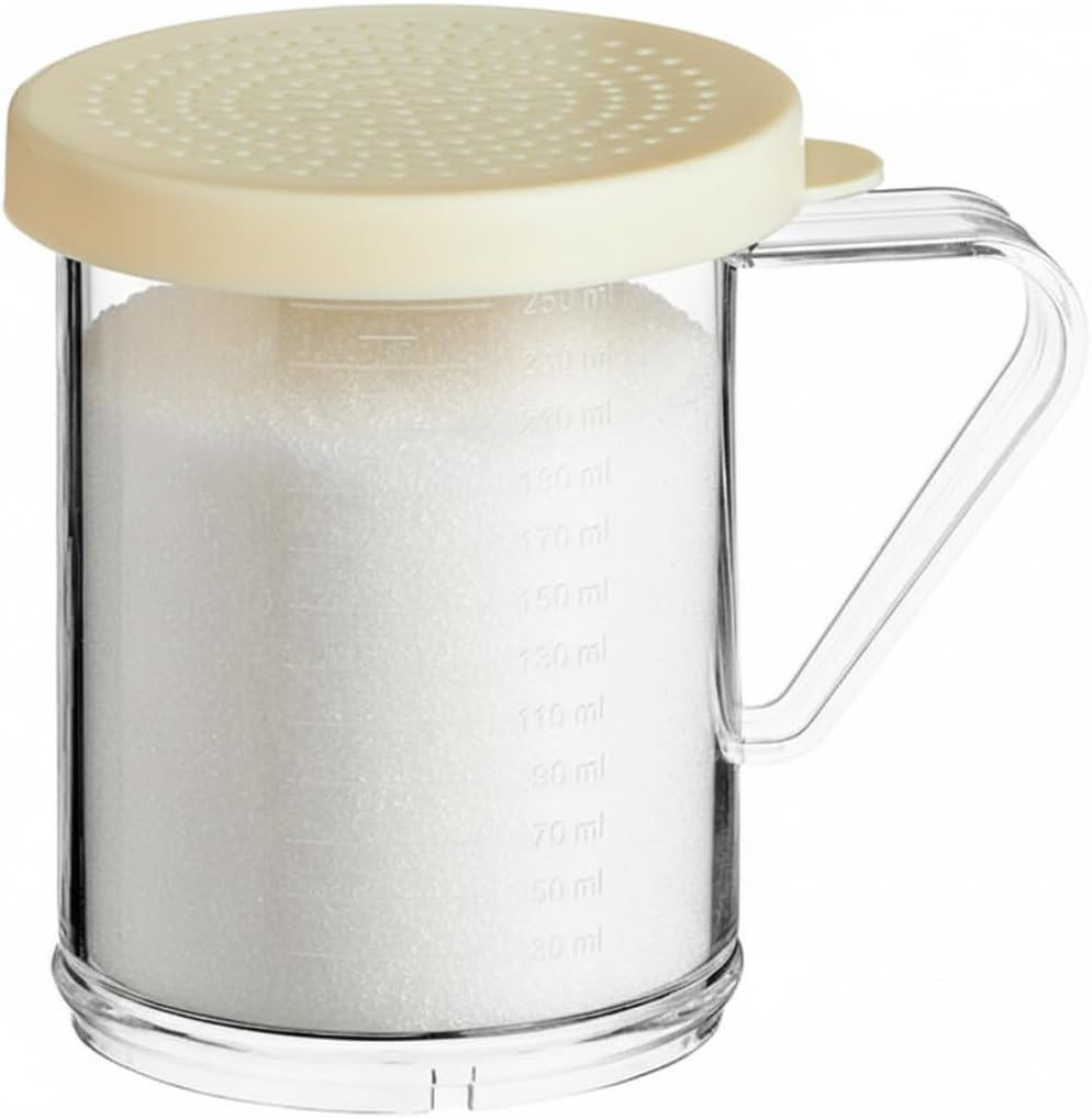 6-Pack 10 oz Polycarbonate Spice Shakers with Beige Lids, Durable Plastic Shaker Set with Measurements & Secure Handle for Finely Ground Spices, Seasonings, & Powder, 2 mm Perforated Lid (6)