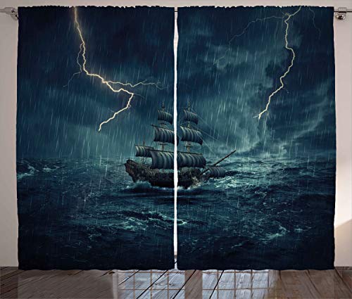 ABAKUHAUS Landschaft Rustikaler Vorhang, Piraten-Vintage-Schiff, Wohnzimmer Universalband Gardinen mit Schlaufen und Haken, 280 x 245 cm, Dunkelblau und Weiß