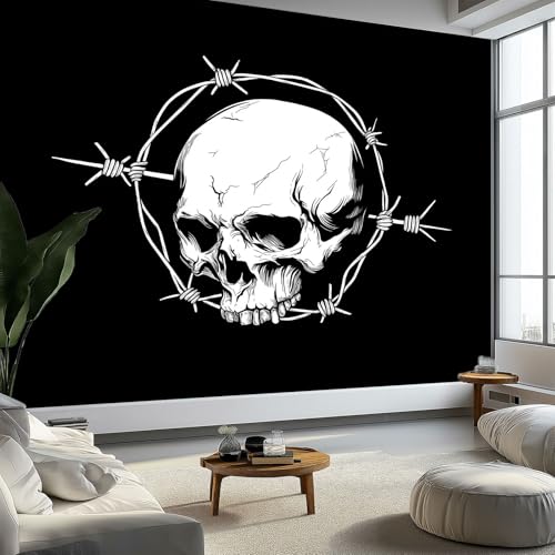 Generico Fotomurale 3D Carta Da Parati Logo Con Teschio In Rete Metallica 200 x 140 cm, Carta Da Parati Camera Letto Moderna Fotomurali Nero Murales Poster Gigante Moda Decorazione Da Muro