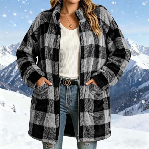fartey Womens Plaid Jacket Fleece Lined Coat Zip Up Sherpa Tops with Pocket - image 2