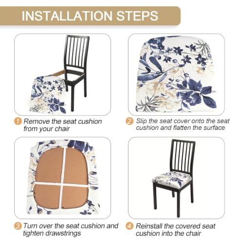 Image of SearchI Seat Covers for Dining Room Chairs Stretch Printed Chair Seat Covers Set of 4, Removable Washable Upholstered Chair Seat Protector Cushion Slipcovers for Kitchen, Office(Blue Flowers)