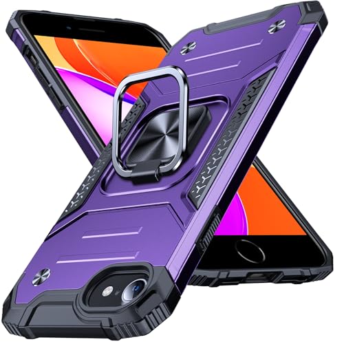 Image of Anqrp Heavy Duty Case for iPhone 6 /7 /8 /SE /SE2 Case with Enhanced Ring Holder Grip Stand, Military Grade Shockproof Rugged Drop Protective Silicone Hard Slim iPhone SE Phone Case Cover,Purple