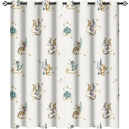 Watercolor Cute Baby Dragon Curtains - Fantasy Cartoon Mid Century Woodland Dragon Thermal Insulated Blackout Curtains - Grommet Top Window Treatment Drapes for Bedroom 63L x 27.5W,2 Panels