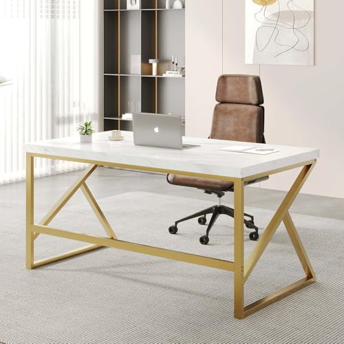 HSH Schreibtisch Moderner Weiß Kunstmarmor und Gold Computertisch für Homeoffice Schreib Studien Arbeit Gaming Tisch Für Schlafzimmer Wohnzimmer Einfach Metall Holz 140 cm