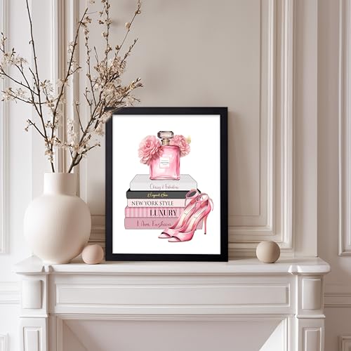 Image of Poster Master Fashion Print - Pink Designer Poster - Shoes & Perfume Art - Chic Gift for Her & Fashionista - Luxury Haute Couture Decor for Bedroom or Girl's Room - 8x10 Black Framed