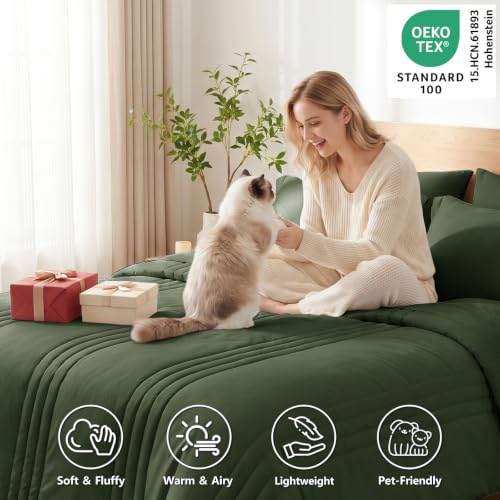 Image of CozyLux King Size Comforter Set Olive Green - 7 Pieces Bed in a Bag, Modern Vertical Quilted Room Decor, Soft All-Season Bedding Gift with Comforter, Sheets, Pillowcases & Shams